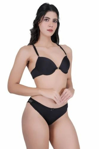 Women Lingerie - Nylon Mid Waist Bikini Set, Black, Breathable, Skin-Friendly, Wrinkle Resistant