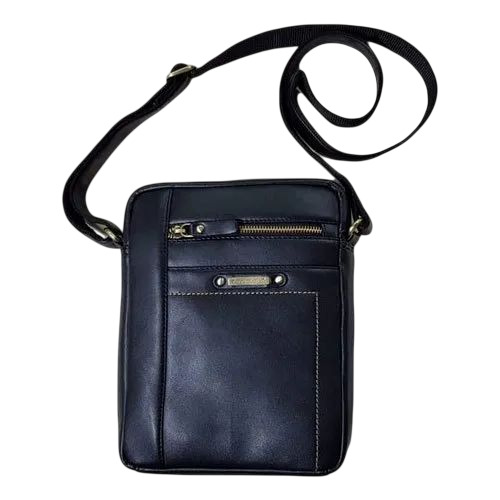 Black Leather Sling Bags - Leather, Customized Size, Black | Zipper Lock, Shoulder Handles, 3 Kg Capacity, Durable and Comfortable