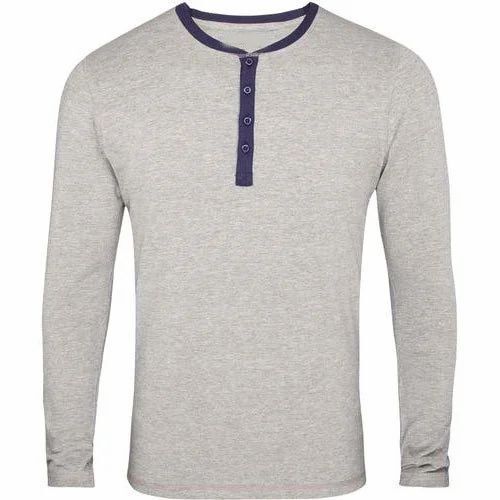 Mens Full Sleeves T-Shirt - Cotton, Customized Sizes, Grey, V-Neck | Elegant Design, Quick Dry, Comfortable Fit