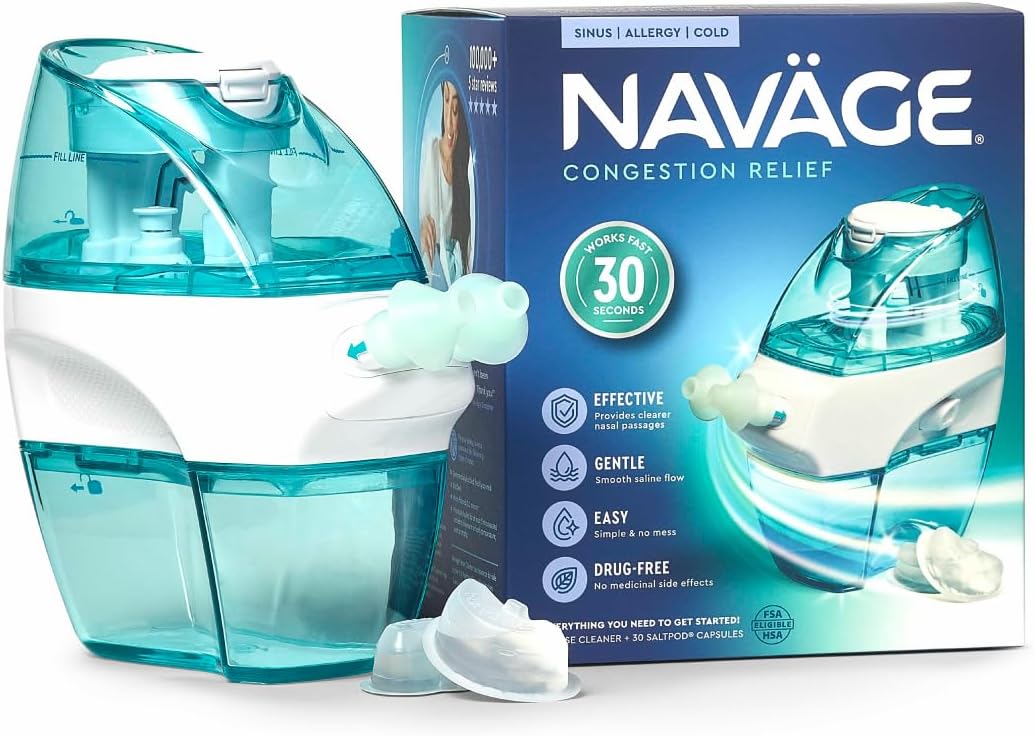 Navage Starter Bundle - Nasal Irrigation System - Saline Nasal Rinse Kit With 1 Navage Nose Cleaner And 30 Salt Pods - Color: Blue