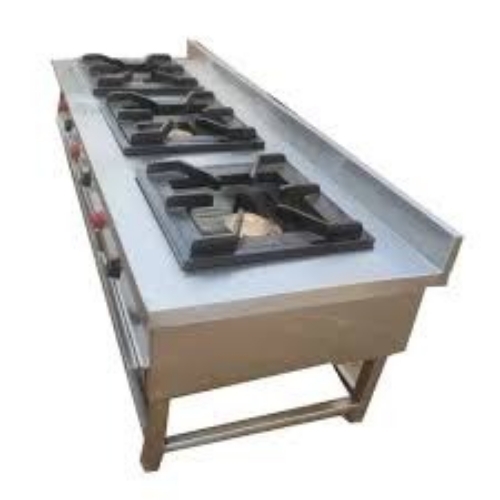 Commercial Kitchen Use Three Burner Gas Stove - Stainless Steel, Manual Ignition | Durable Body, Easy-Clean Surface, Sturdy Pan Supports