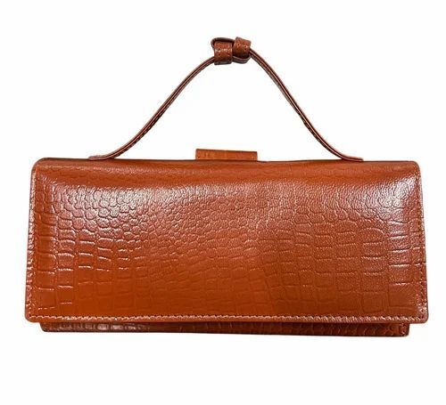 Ladies Leather Clutch Bag - Genuine Leather 8.5x4 Inch Brown, Polished Finish, Button Closure, Handheld