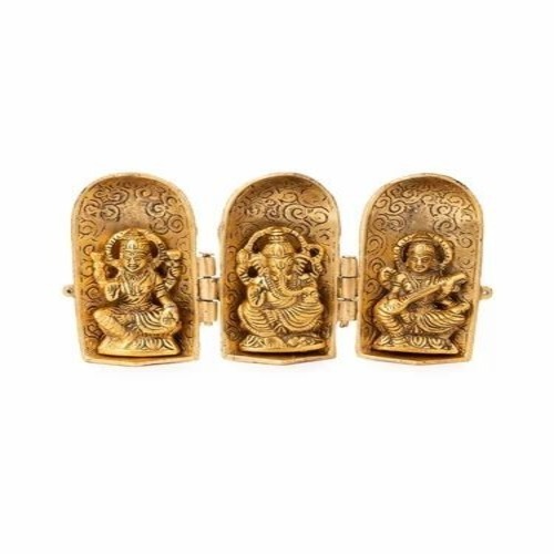 Metal Laxmi Ganesh Saraswati Statue - Brass 5 Inch Golden, Polished Finish, Lightweight Rust Proof