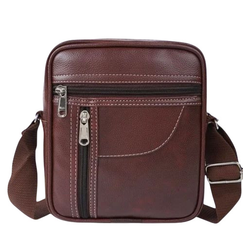 Pu Leather Sling Bag - PU Material, Customized Size, Brown | Zipper Closure, Polished Soft Texture, Durable Comfortable Shoulder Bag