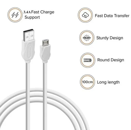 3.4a White USB Data Cable - Silicon Body, White, 3.4A Output | Fast Charging, High Speed Data, Tangle Resistant, Heat Protection