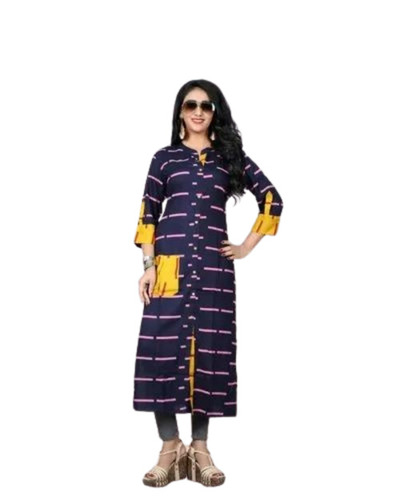 Ladies Casual Rayon Printed Kurti - 3/4th Sleeve, Multi Color, Regular Fit | Breathable, Anti-UV, Quick Dry, Comfortable Fit
