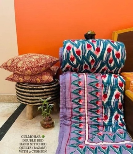 Hand Stitched Quilt With Cushion Cover - Cotton, Full Size, Printed | Lightweight, Crafted for Winter Use