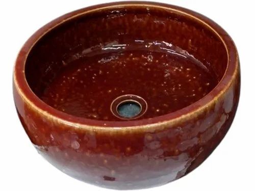 Round Shape Ceramic Wash Basin - 22 Inch Diameter, Brown, Glossy Finish, 30mm Thick, Wall Mounted, Durable Eco-Friendly