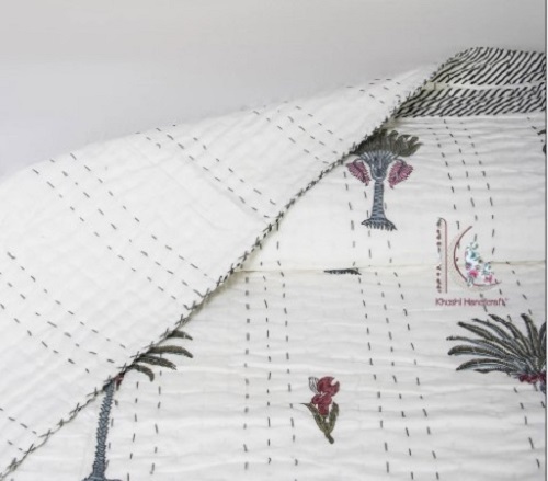 White Hand Block Kantha Quilts - Cotton Full Size White, Printed | Shrink-Resistant, Tear-Resistant, Smooth Texture