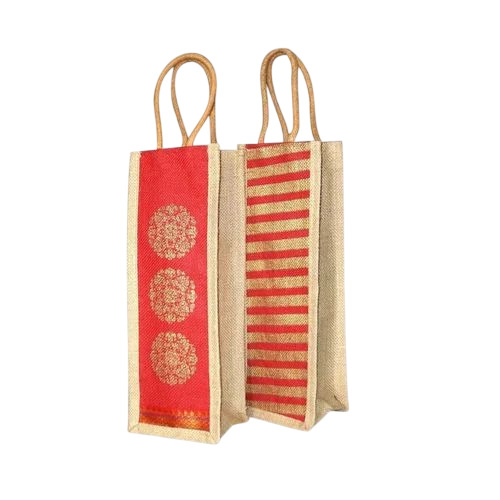 Printed Bottle Jute Bag - Jute, Standard Size, Brown | Printed Pattern, Flexiloop Handle, Durable
