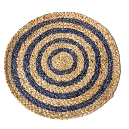 60cm Braided Jute Mat - 60 Cm Round, Brown And Blue, 2mm Thickness | Anti Slip, Bacteria Resistant, Hand Washable