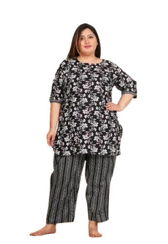 Black Cotton Printed Night Suit Set