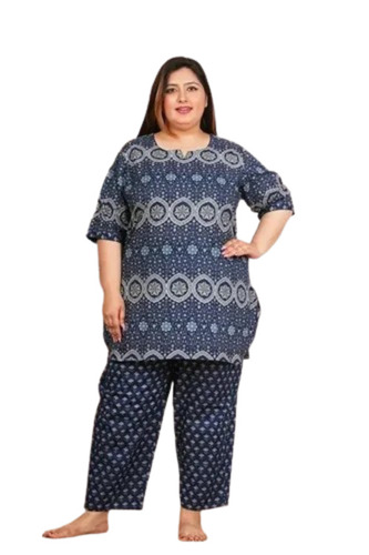 Blue Cotton Printed Night Suit Set - Cotton, Regular Fit, Blue, 3/4 Sleeves | Lightweight, Soft, Comfortable, Breathable, Quick Dry