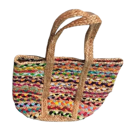 Jute Embroidered Hand Bag - 35x35cm Multicolor, Short Handle, Open Closure | Durable, Fine Finished, Eco-Friendly