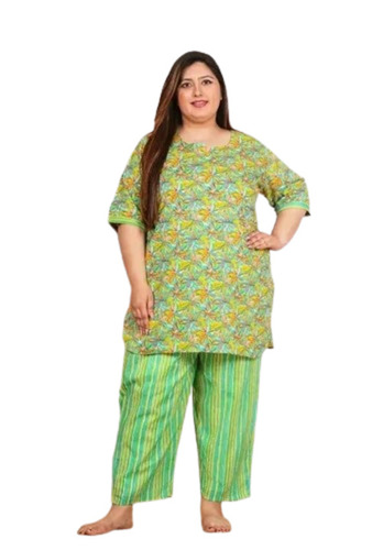 Ladies Green Cotton Printed Night Suit Set - Regular Fit, 3/4 Sleeves, Lightweight | Soft, Breathable, Quick Dry, Comfortable Fit