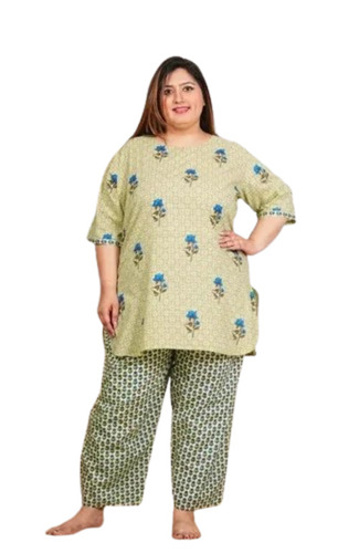 Light Green Cotton Printed Night Suit Set - Cotton, Plus Size, Light Green, 3/4 Sleeves, Regular Fit, Quick Dry, Breathable