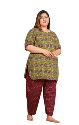 Mehendi Green Cotton Printed Night Suit Set - Regular Fit, 3/4 Sleeves, Light Weight | Soft, Breathable, Comfortable Fit