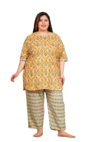 Mustard Yellow Cotton Printed Night Suit Set