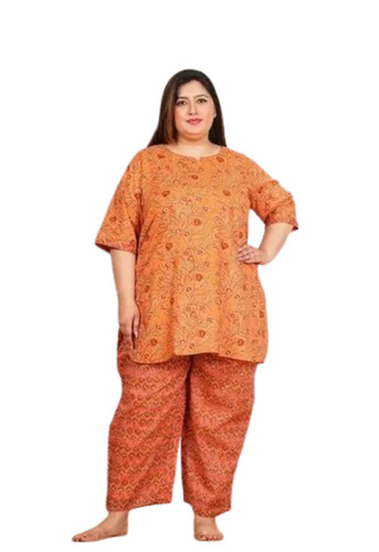 Orange Cotton Printed Night Suit Set - Regular Fit, 3/4 Sleeves, Light Weight, Soft, Breathable | Elegant Design, Quick Dry, Comfortable Fit