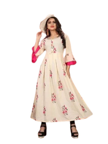 Anarkali 3/4th Sleeve Kurti - Rayon, White, Regular Fit | Anti UV, Breathable, Quick Dry, Comfortable Fit