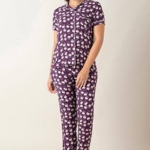 Women Night Suit - Cotton, Size S to XXL, Purple, Appliqued Printed | Lightweight, Durable Stitching, Smooth Texture, Flexible Movement