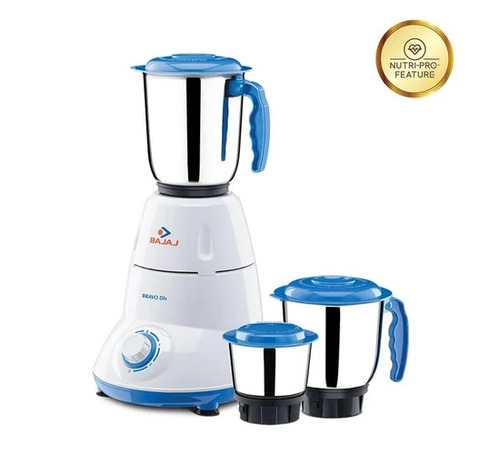 Bajaj Bravo Dlx 3 Jar Mixer Grinder - Metal, Plastic Body, 1.5 Litre, White Blue, 500W, 3 Speed Control