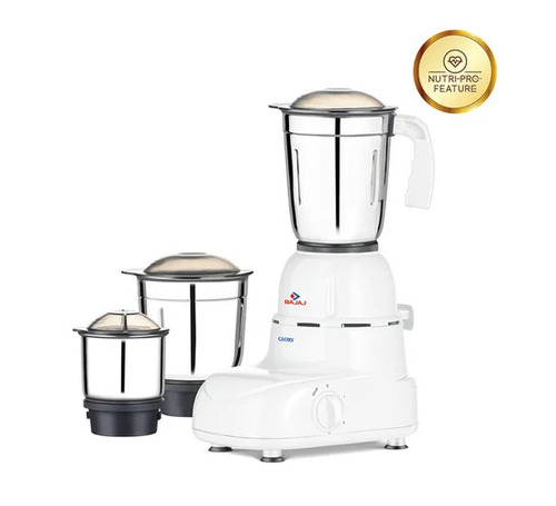 Bajaj Glory Mixer Grinder - Plastic Body, 1.5L, White Blue, 500W, 3 Jars, 3 Speed Control