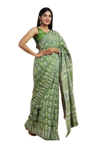 Ajrak Hand Block Print Saree - Cotton, Green, Printed | Elegant Design, Quick Dry, Comfortable Fit