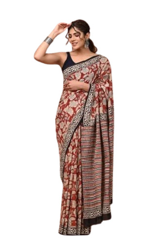 Bagru Hand Block Ajrakh Print Cotton Mulmul Saree - Multi Color Regular Fit Light Weight | Soft Breathable Quick Dry Comfortable Fit
