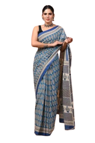 Indigo Mulmul Cotton Saree - Printed Blouse Piece, Lightweight Cotton, Indigo, Regular Fit | Soft, Breathable, Comfortable Office Wear