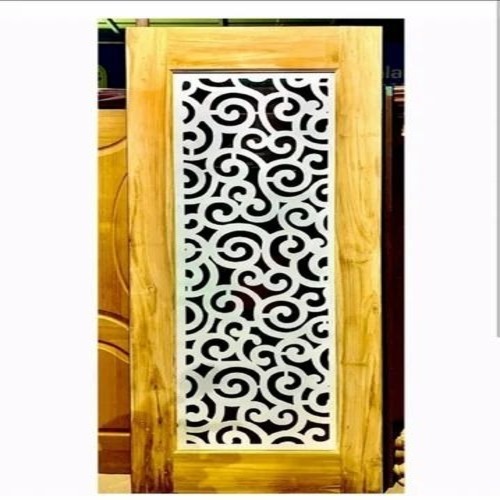 Laser Cut Wooden Door - Wood 80 Inch, Yellow and White, Laminated Polished Surface, Interior Use