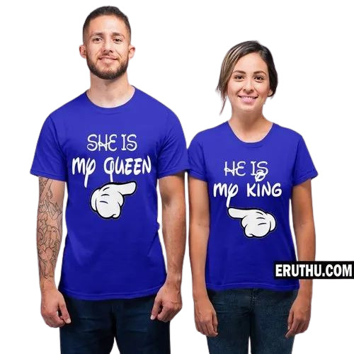 Printed Couple T Shirt - Cotton, Customized Sizes, Blue, O-Neck, Half Sleeves, Regular Fit | Lightweight, Soft, Quick Dry, Comfortable Fit