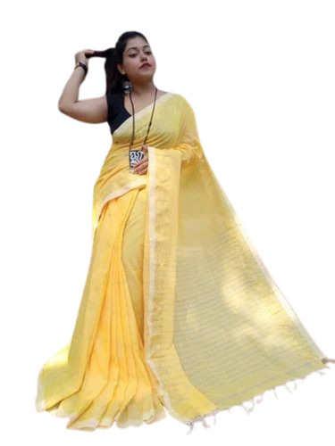 Pure Cotton Striped Saree - Cotton, Yellow, Regular Fit, Striped Pattern | Lightweight, Soft, Breathable, Quick Dry, Comfortable Fit