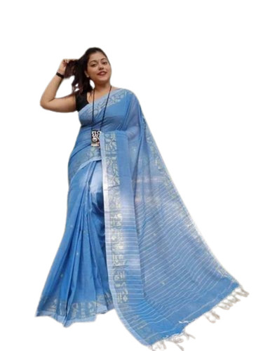Sky Blue Printed Khadi Cotton Handloom Saree - Lightweight Soft Breathable Comfortable Fit