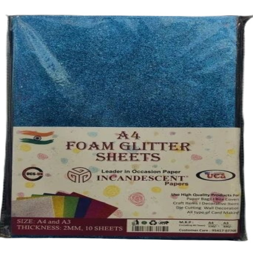 Blue Glitter Foam Sheet - A4, 2mm Thickness, Eco-Friendly | Machine Made, Crack Proof, Rectangular Plastic Packet