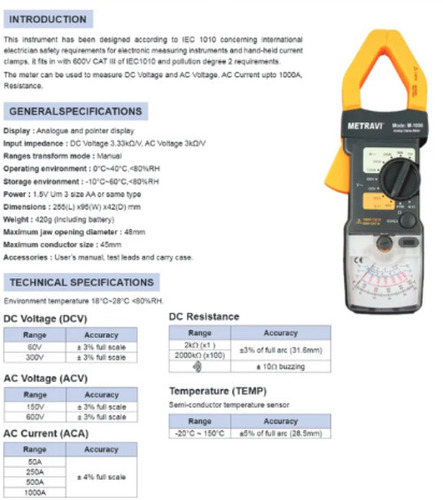 Analogue Clamp Meter, M-1000 - 1000A, 18mm Jaw, 0-600V CAT II | Digital Display, True RMS, Data Hold, AC Measurement