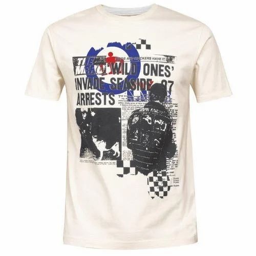 Men White Cotton Blend Round Neck T-Shirt - Half Sleeves, Printed, Soft Comfortable, Breathable