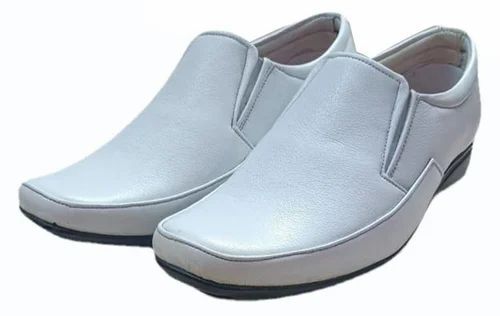 Men White Leather Slip On Shoes