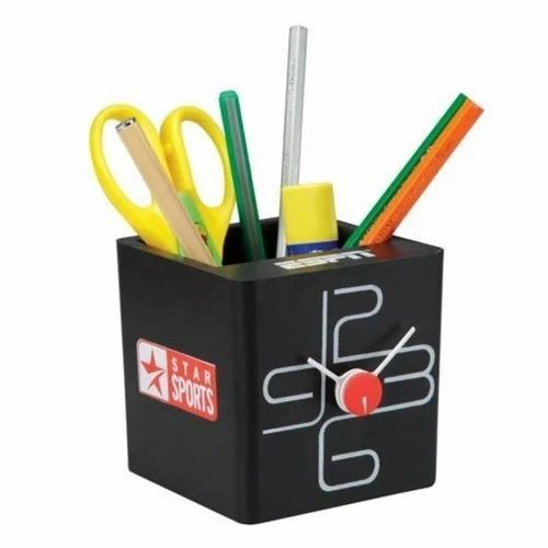 Table Clock With Pen Stand - Plastic, 13.5x4.5x6.5 Cm, Black | Square Shape, Office Use