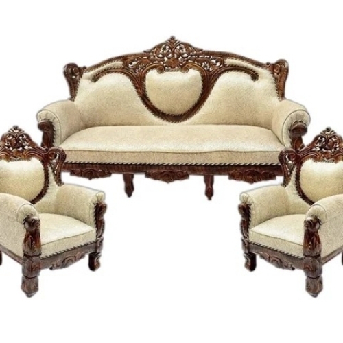 Wooden Sofa Set - Teak Solid Wood, Brown, 3-Seater | Hand-Carved Motifs, Polished Finish, Cushioned Seats