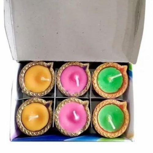 Diwali Wax Diya Set - Paraffin Wax Multicolor 6 Pillar Candles | Dripless 10 Hour Burn Smokeless Odorless Reusable Holders