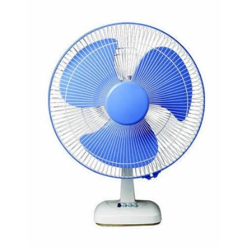Table Fan - Plastic, White & Blue, 3-Blade, 80W | Whisper-Quiet, 3 Speeds, Oscillating Head, Energy Efficient