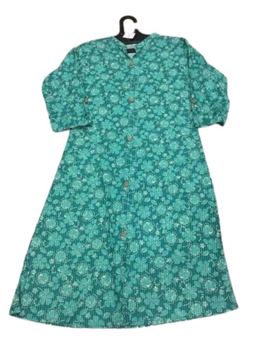 Ladies Printed Cotton Kurti - 3/4th Sleeve, Green, Regular Fit | Breathable, Anti Wrinkle, Quick Dry, Comfortable Fit