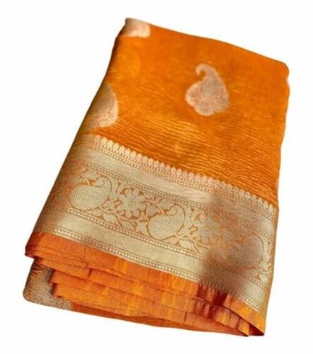 Orange Banarasi Soft Tissue Silk Saree - 6.3 m, Printed, Orange | Lightweight, Soft, Comfortable, Breathable