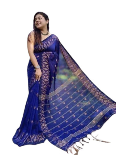 Royal Blue Printed Khadi Cotton Saree 6m With Blouse Piece - Lightweight, Soft, Comfortable, Festive Wear