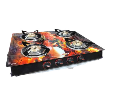 Digital Print 4 Burner Glass Top Gas Stove - Brass Burner, Manual Ignition, LPG | Easy to Use, Polished Finish, Domestic Use