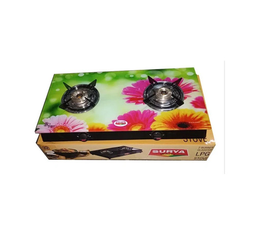 Floral Print 2 Burner Glass Top Gas Stove - Brass Burner, Manual Ignition, LPG | Easy to Use, Polished Finish