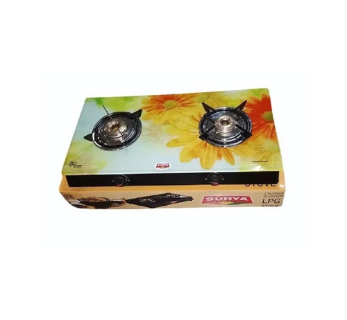 Glass Top 2 Burner Digital Gas Stove - Brass Burner, Lpg Gas, Manual Ignition, Polished Finish | Easy To Use, Domestic Use