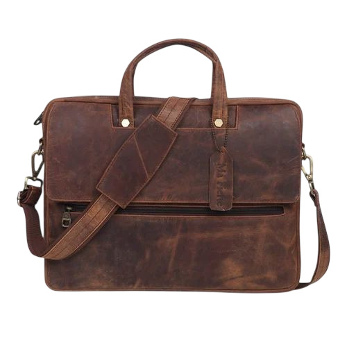 Mens Crunch Leather Office Bag - Pure Leather, 15.6 Inch, Brown | Polished Finish, Overflap Buckle Closure, 3 Compartments