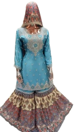 Designer Sharara Suit - Georgette, S-XXXL, Sky Blue | Embroidered, Anti-Wrinkle, Breathable, Quick Dry